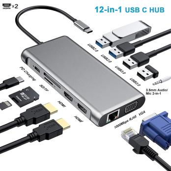 12-В-1 Разъем VGA 3,5 мм для чтения SD-карт USB 3.0 док-станция 4K Dual HDMI USB Type-C концентратор Rj45 Ethernet для портативных ПК